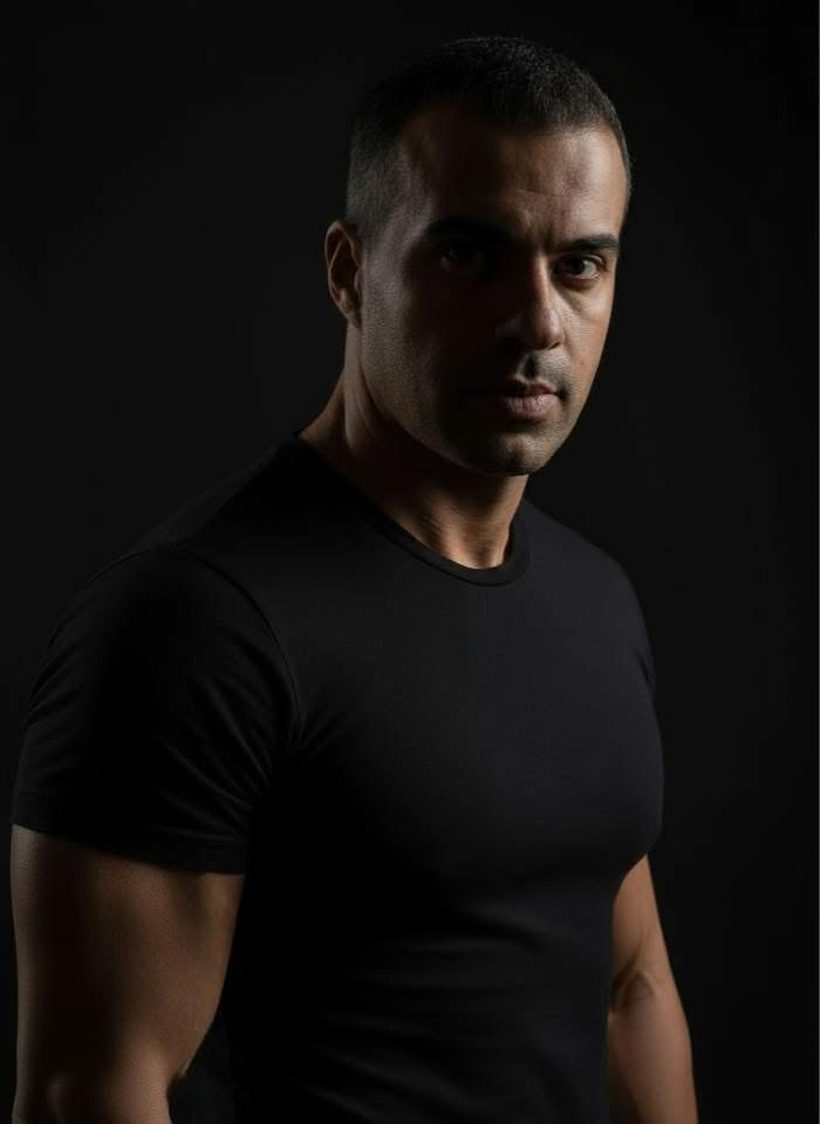 Rui Gonçalves, cantor, compositor e produtor, em retrato de estúdio com fundo escuro
